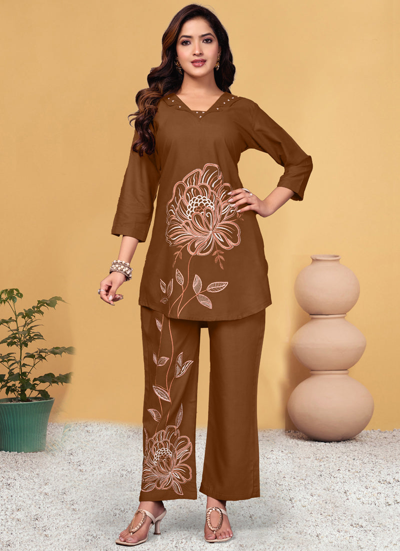 Prazu Fashion Brown Viscose Rayon Embroidery Thread Work Co-Ords Set