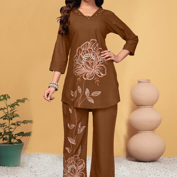 Prazu Fashion Brown Viscose Rayon Embroidery Thread Work Co-Ords Set
