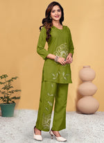 Thumbnail for Prazu Fashion Parrot Green Viscose Rayon Embroidery Thread Work Co-Ords Set