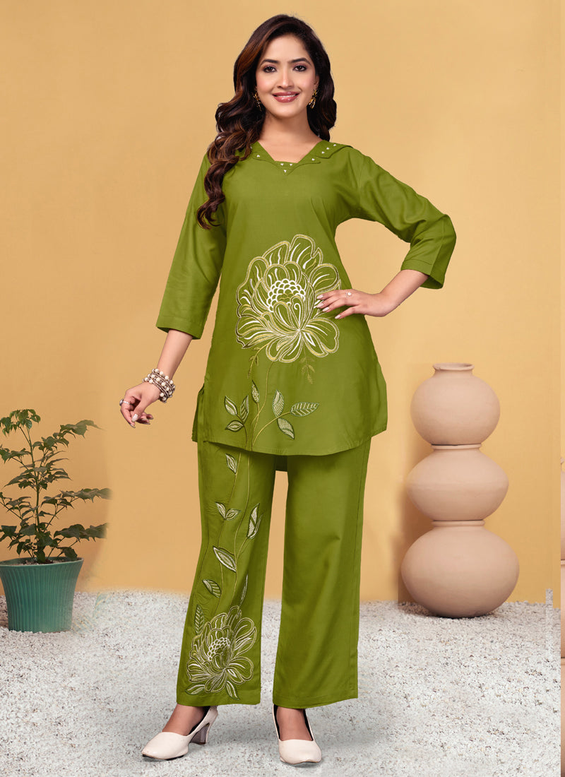 Prazu Fashion Parrot Green Viscose Rayon Embroidery Thread Work Co-Ords Set