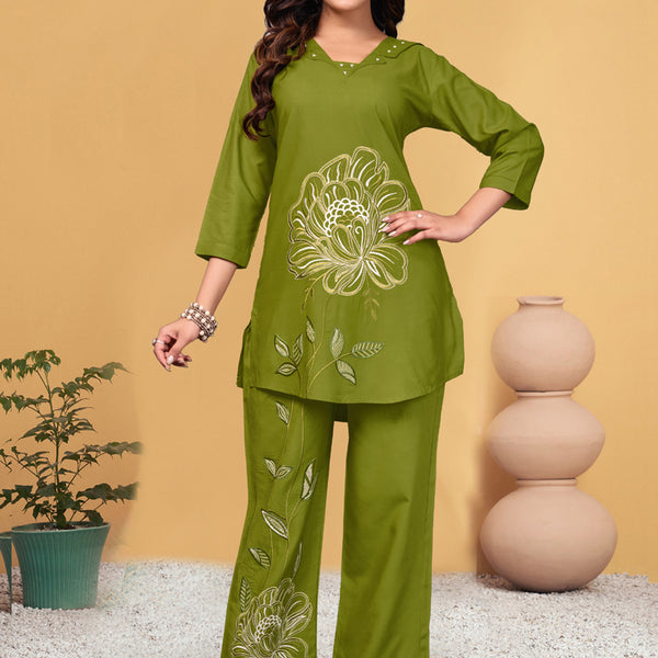 Prazu Fashion Parrot Green Viscose Rayon Embroidery Thread Work Co-Ords Set