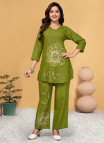 Thumbnail for Prazu Fashion Parrot Green Viscose Rayon Embroidery Thread Work Co-Ords Set