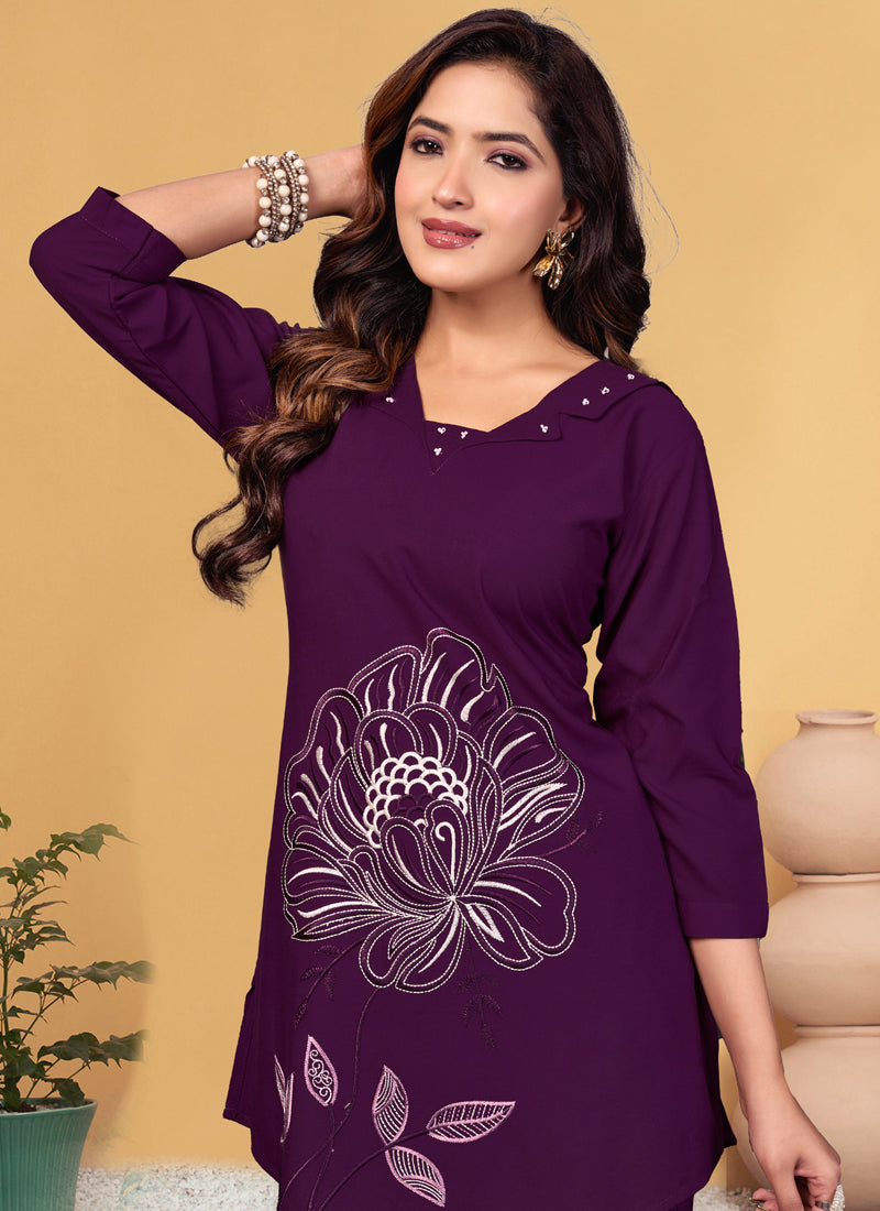 Prazu Fashion Purple Viscose Rayon Embroidery Thread Work Co-Ords Set