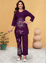 Thumbnail for Prazu Fashion Purple Viscose Rayon Embroidery Thread Work Co-Ords Set