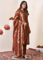 Thumbnail for Prazu Fashion Brown Roman Silk Embroidered Sequence Work Kurta Set