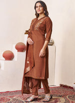 Thumbnail for Prazu Fashion Brown Roman Silk Embroidered Sequence Work Kurta Set