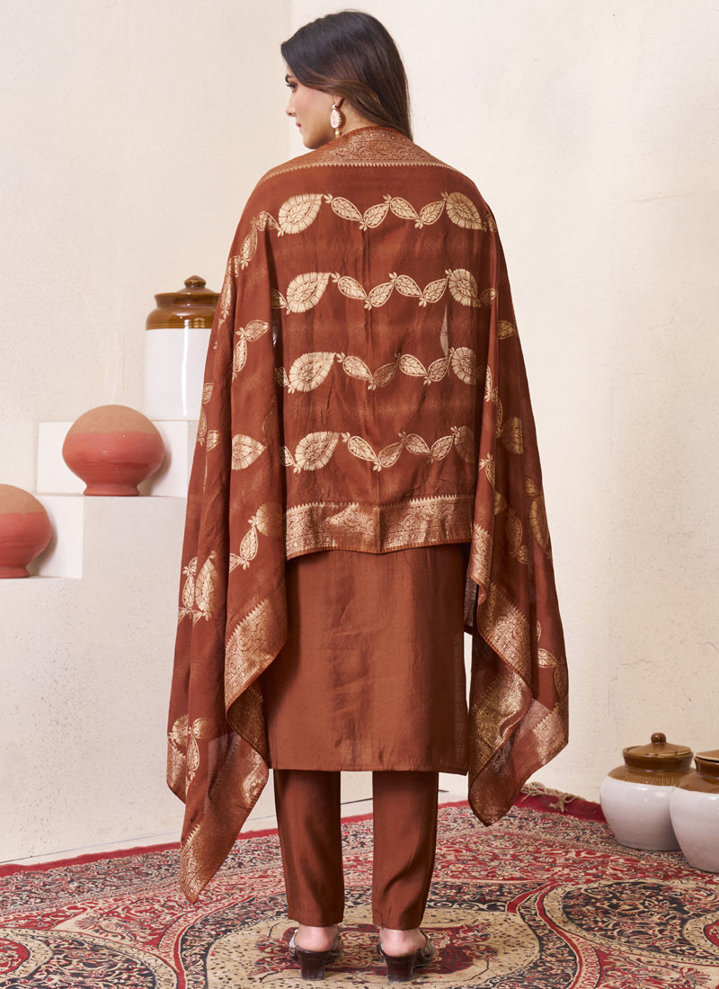 Prazu Fashion Brown Roman Silk Embroidered Sequence Work Kurta Set