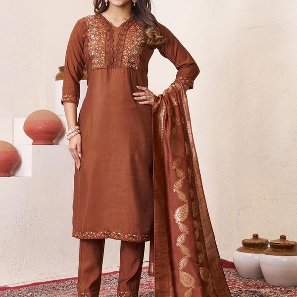 Prazu Fashion Brown Roman Silk Embroidered Sequence Work Kurta Set