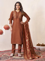 Thumbnail for Prazu Fashion Brown Roman Silk Embroidered Sequence Work Kurta Set