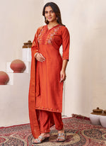 Thumbnail for Prazu Fashion Rust Roman Silk Embroidered Sequence Work Kurta Set