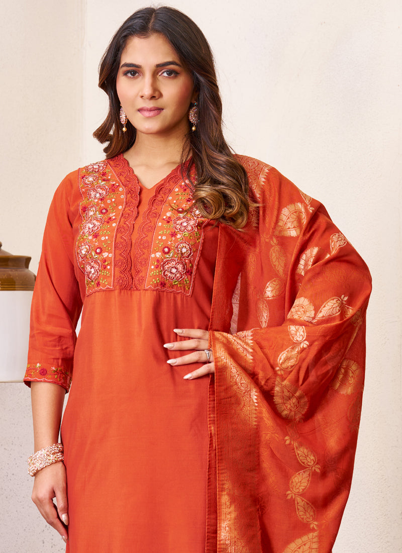Prazu Fashion Rust Roman Silk Embroidered Sequence Work Kurta Set