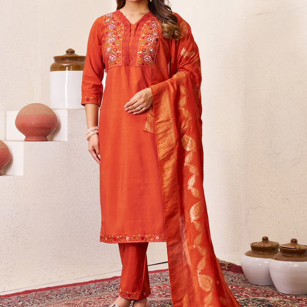 Prazu Fashion Rust Roman Silk Embroidered Sequence Work Kurta Set