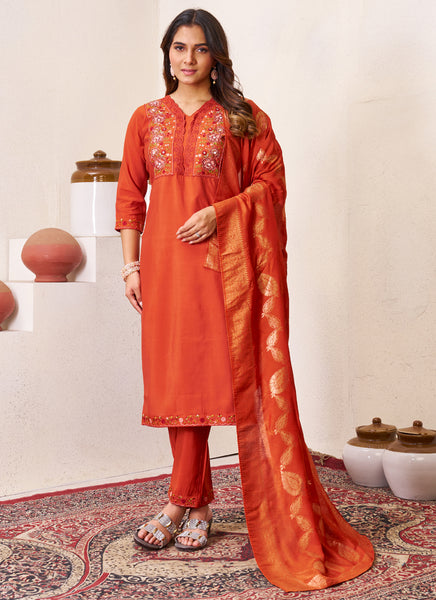 Prazu Fashion Rust Roman Silk Embroidered Sequence Work Kurta Set