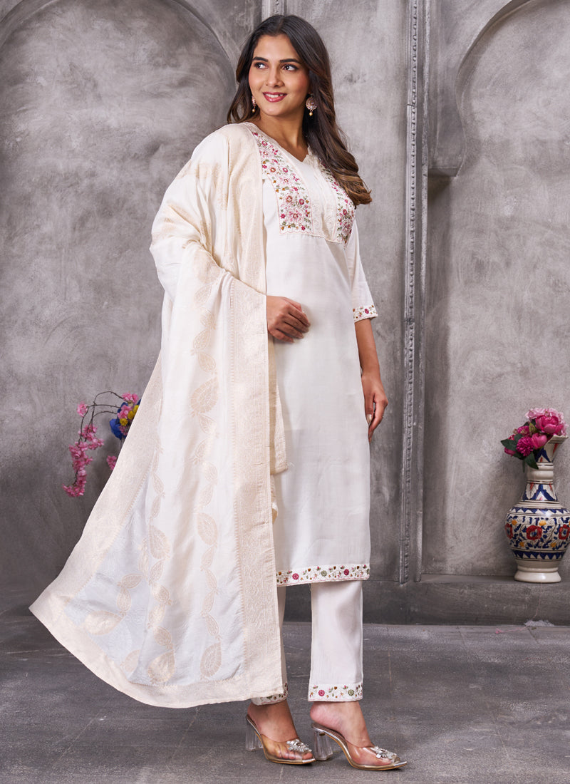 Prazu Fashion White Roman Silk Embroidered Sequence Work Kurta Set