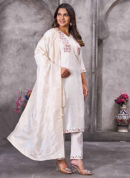 Prazu Fashion White Roman Silk Embroidered Sequence Work Kurta Set - Distacart