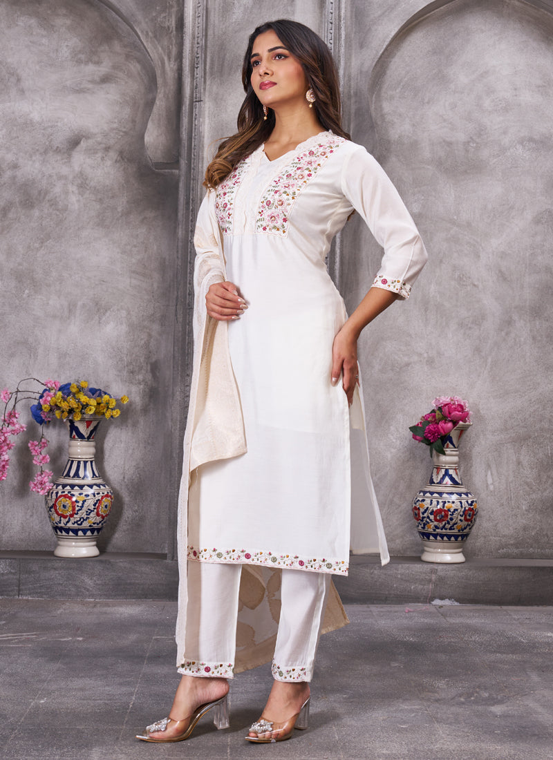 Prazu Fashion White Roman Silk Embroidered Sequence Work Kurta Set