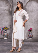 Thumbnail for Prazu Fashion White Roman Silk Embroidered Sequence Work Kurta Set