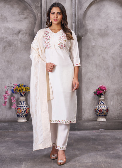 Prazu Fashion White Roman Silk Embroidered Sequence Work Kurta Set - Distacart