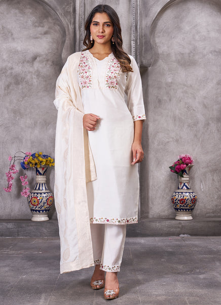 Prazu Fashion White Roman Silk Embroidered Sequence Work Kurta Set