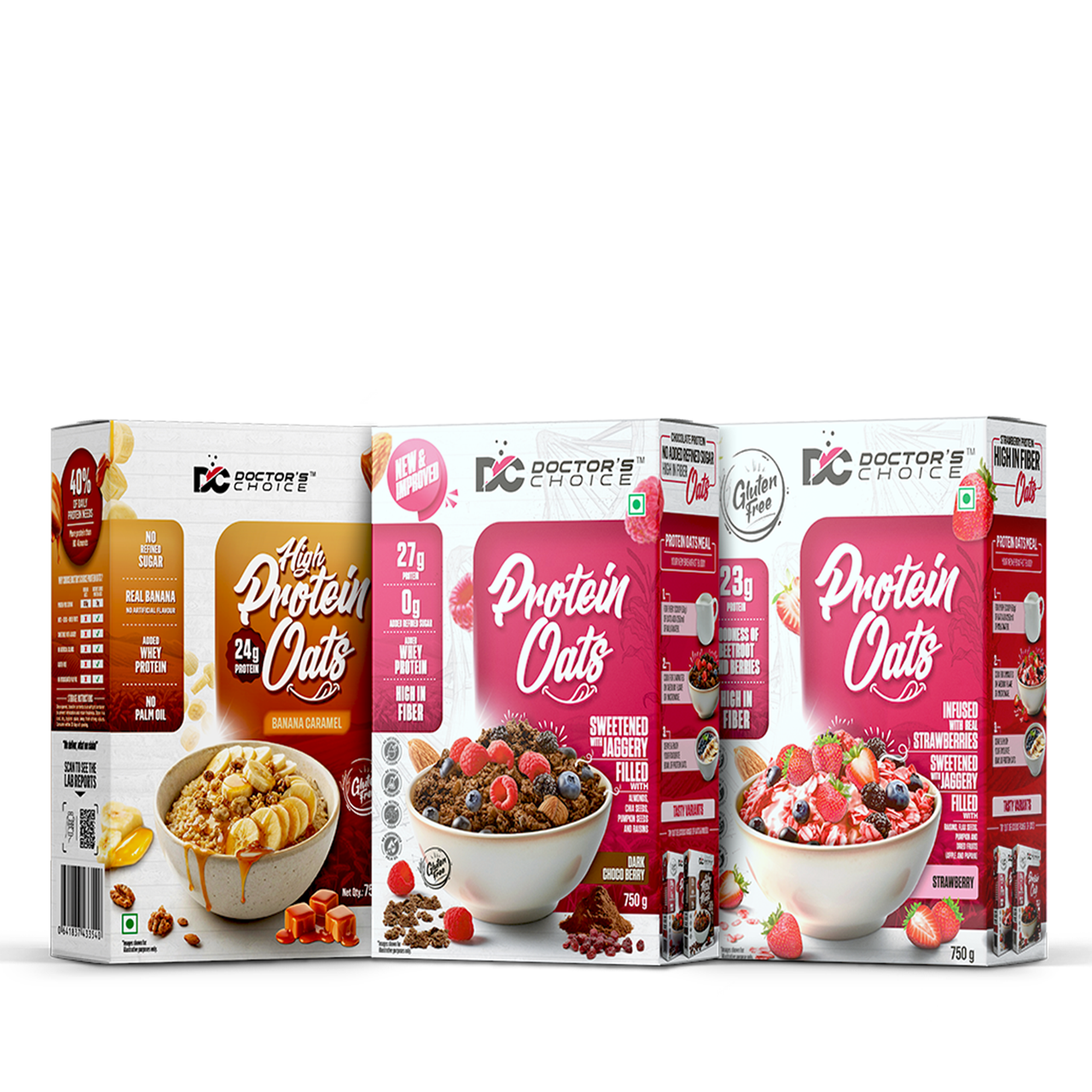 Doctor's Choice Protein Oats Combo – Banana Caramel + Dark Chocoberry + Strawberry (each 750g)