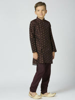 Thumbnail for Joban Fashion Kids Island Full Sleeves Chanderi Kurta, Pyjama Set with Traditional Butta Work - Brown - Distacart