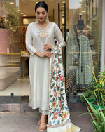 Thumbnail for The52 Off White Women's Gorgeous Embroidered Viscose Chanderi Fabric Straight Kurta Pant with Dupatta Set - Distacart
