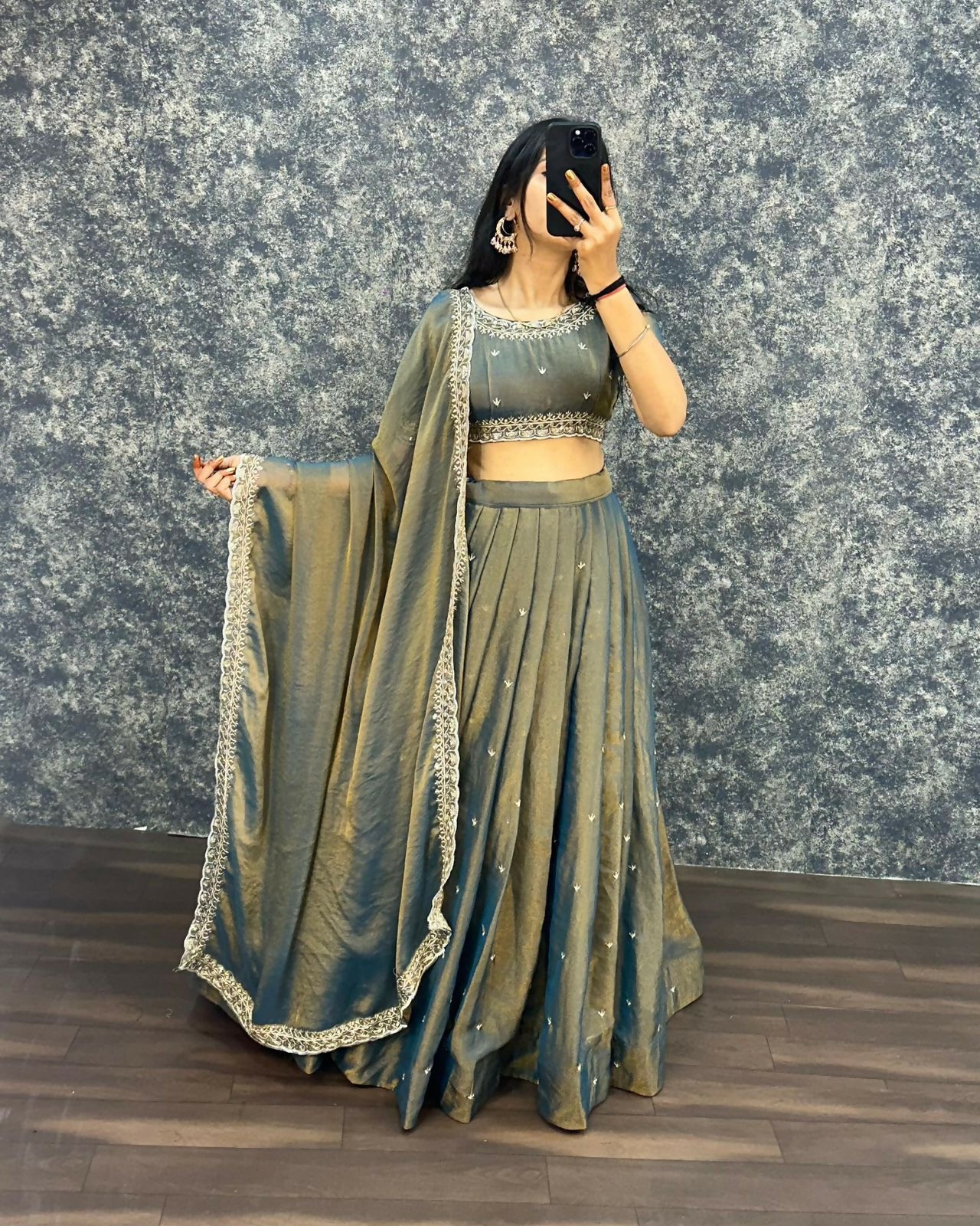 Teeya Creation Womens New Trendy Radiant Teal Hand-Embroidered Silk Lehenga Choli Set - Dista