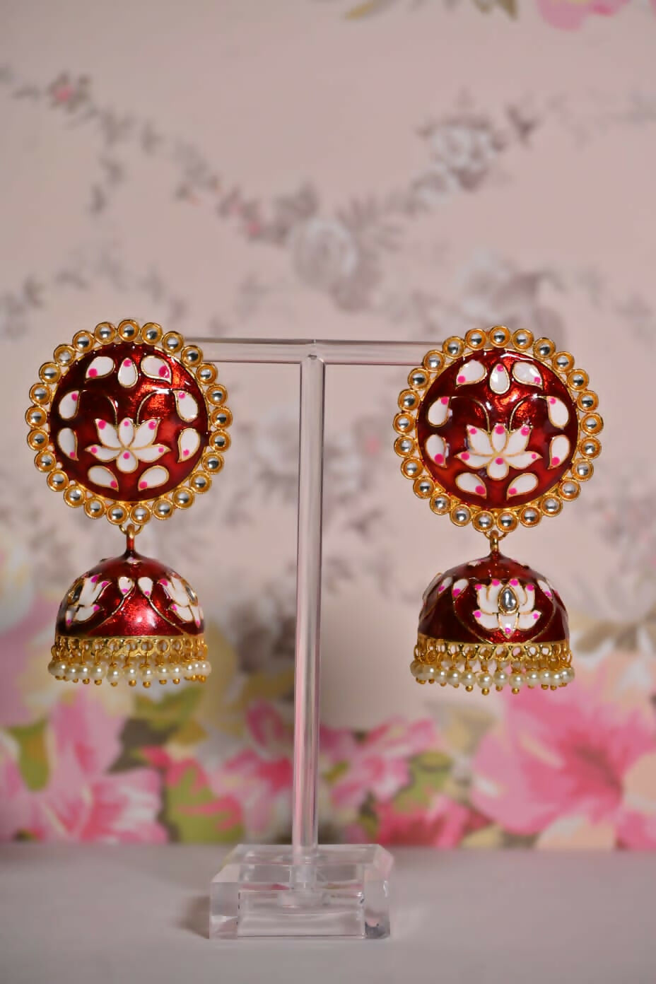 Maroon Round Shape Ethnic Meenakari Jhumki Earrings By House of Ree - Distacart