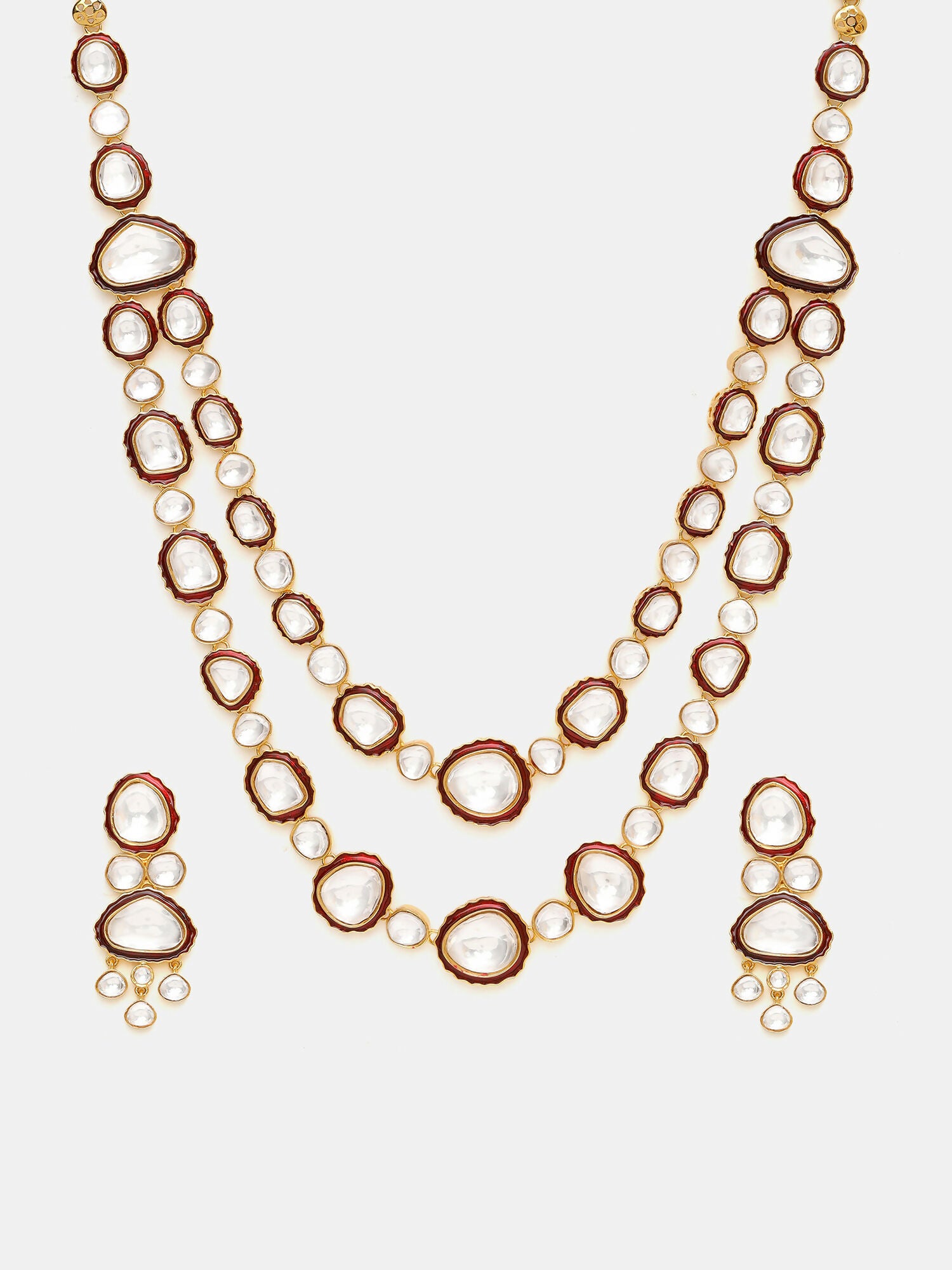 Ruby Raang 22k Gold Polished Red Meenakari Kundan Layered Necklace With Earrings & Maang Tikka