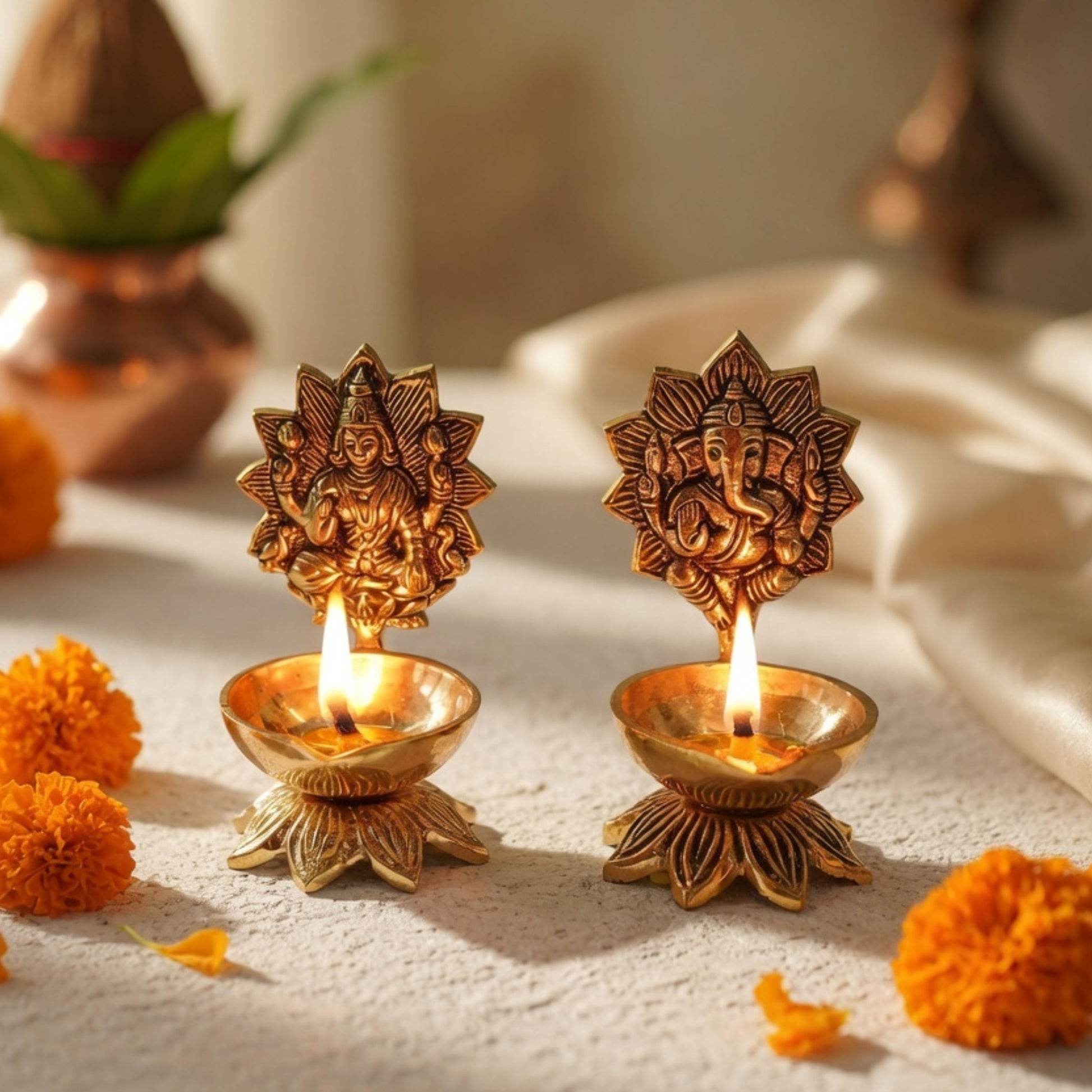 brass lakshmi ganesh diya set
