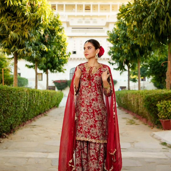 Vaasva Women Maroon Muslin Floral & Embroidered Cut Work Kurta ,Sharara & Dupatta set - Distacart