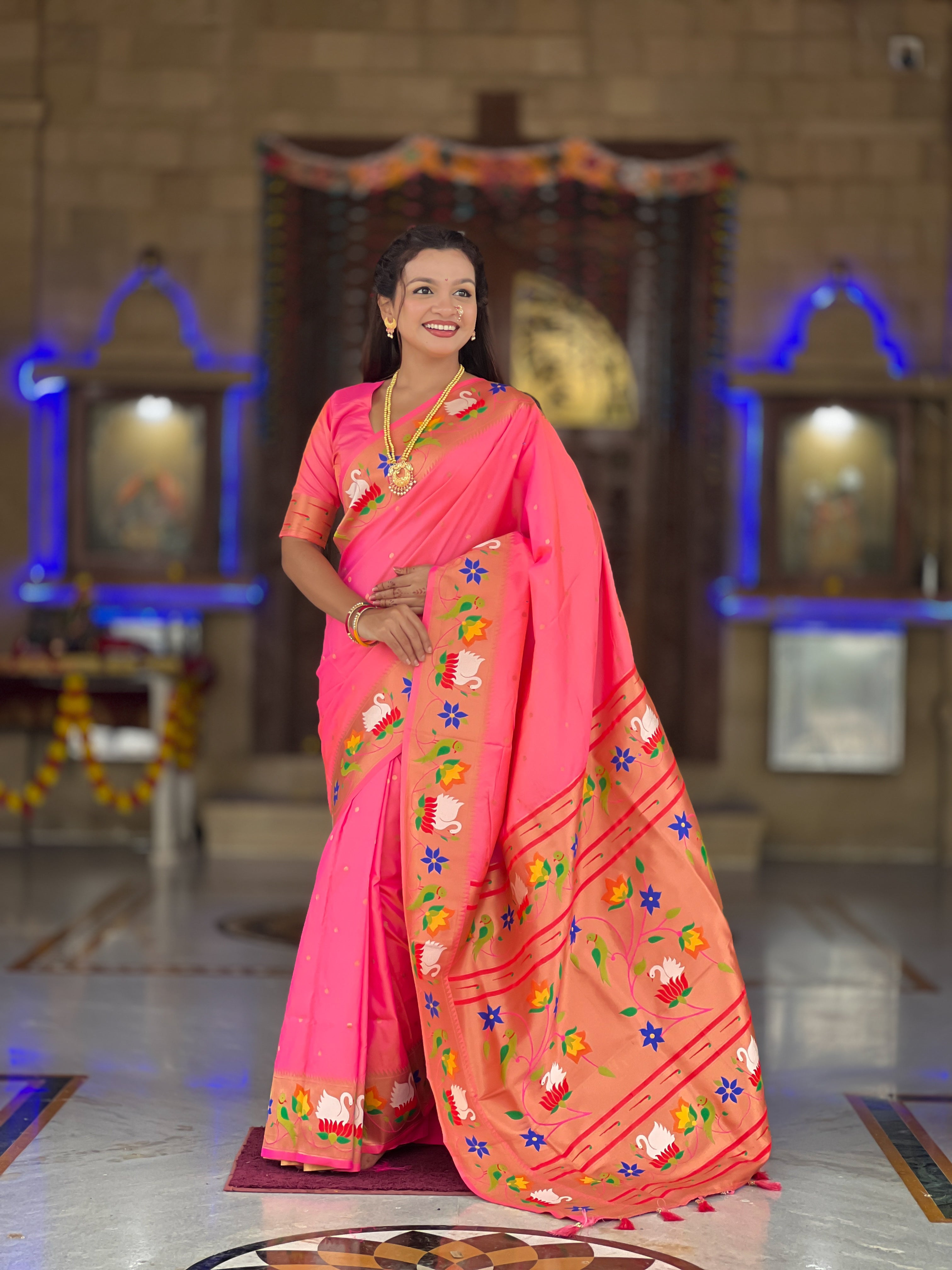 Mameraa Sarees Pink Faux Banarasi Silk Saree With Paithani Rich Weaved Pallu And Blouse-Pink - Dista
