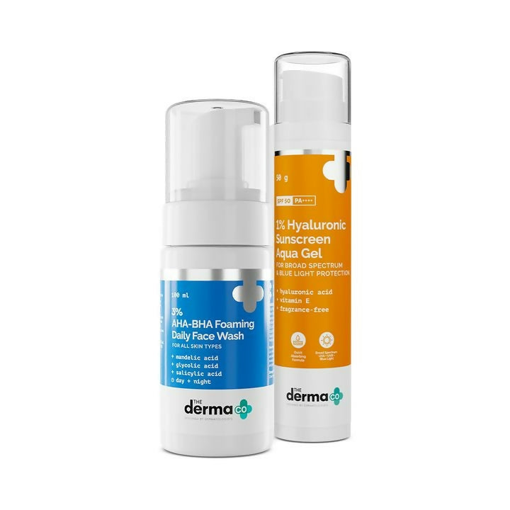 The Derma Co1% Hyaluronic Sunscreen Aqua Gel + 3% AHA+BHA Foaming Daily Face Wash - Distacart