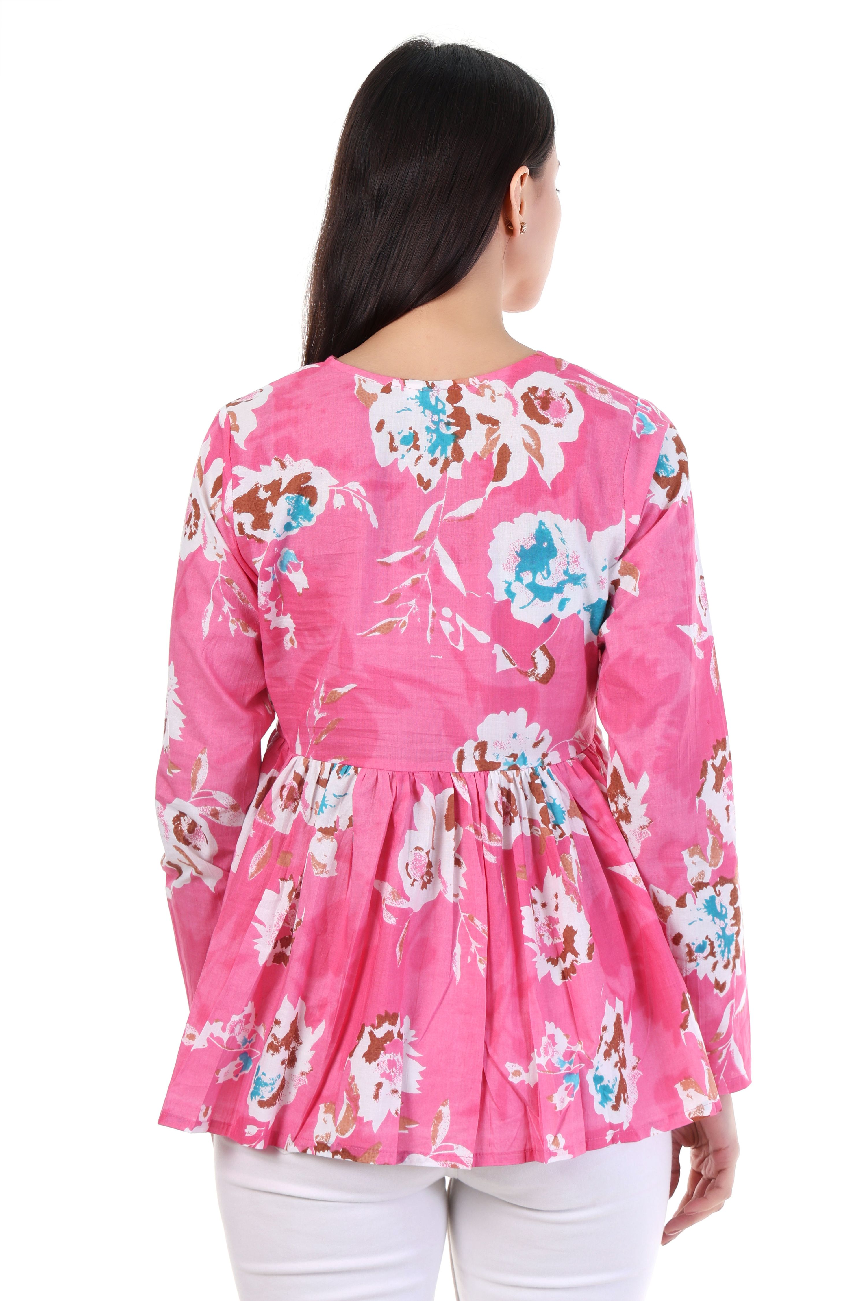 Jaitra Apparels Pink Printed Pure Cotton Full Sleeves Peplum Top