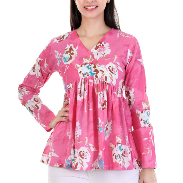 Jaitra Apparels Pink Printed Pure Cotton Full Sleeves Peplum Top