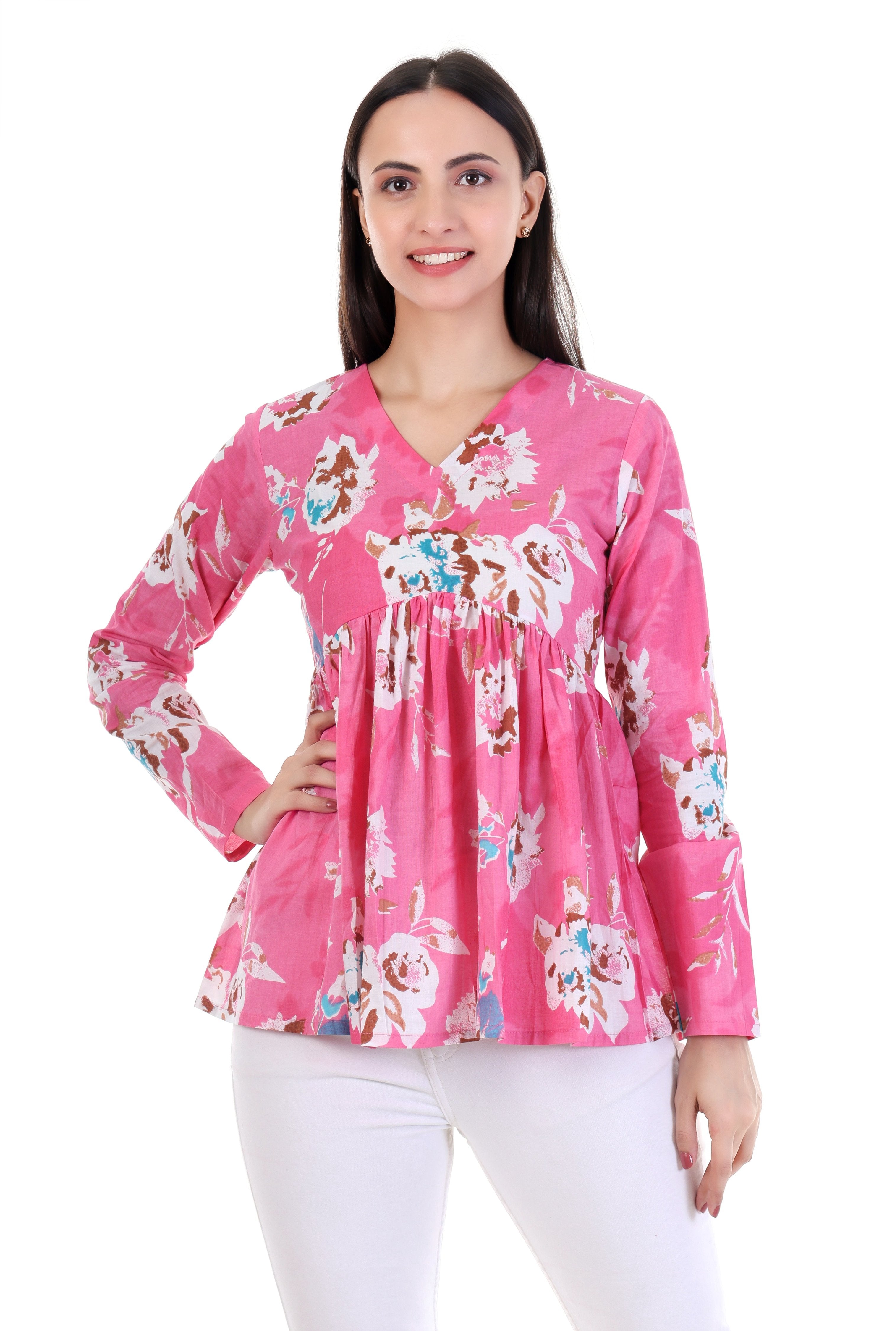 Jaitra Apparels Pink Printed Pure Cotton Full Sleeves Peplum Top - Distacart