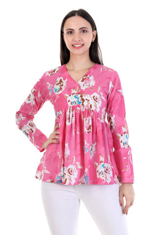 Jaitra Apparels Pink Printed Pure Cotton Full Sleeves Peplum Top