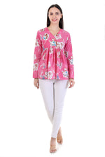 Thumbnail for Jaitra Apparels Pink Printed Pure Cotton Full Sleeves Peplum Top