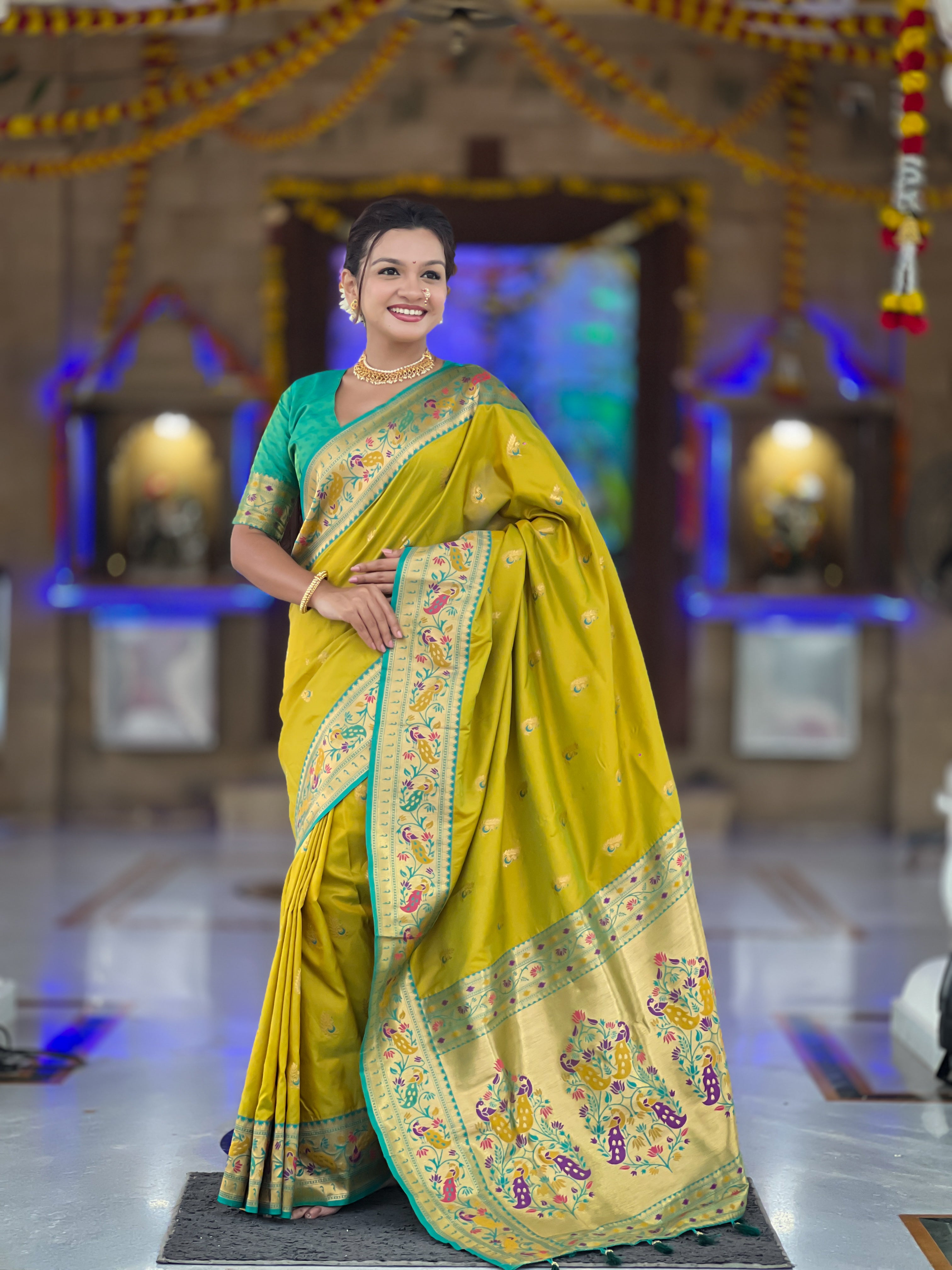 Mameraa Sarees Parrot Green Faux Banarasi Silk Saree With Paithani Rich Weaved Pallu And Blouse-Parrot_Green - Dista