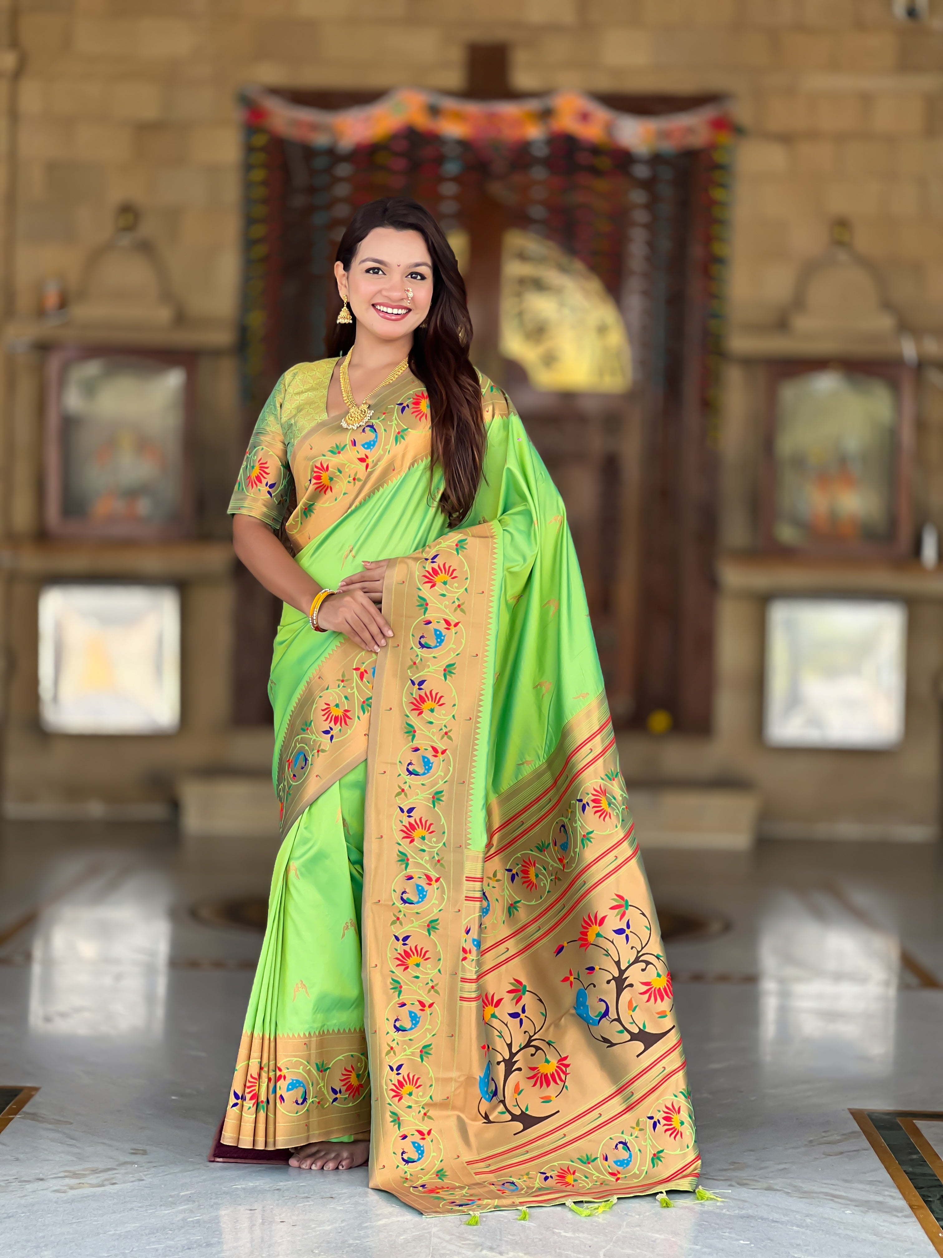 Mameraa Sarees Parrot Green Faux Banarasi Silk Saree With Paithani Rich Weaved Pallu And Blouse-Parrot_Green - Dista