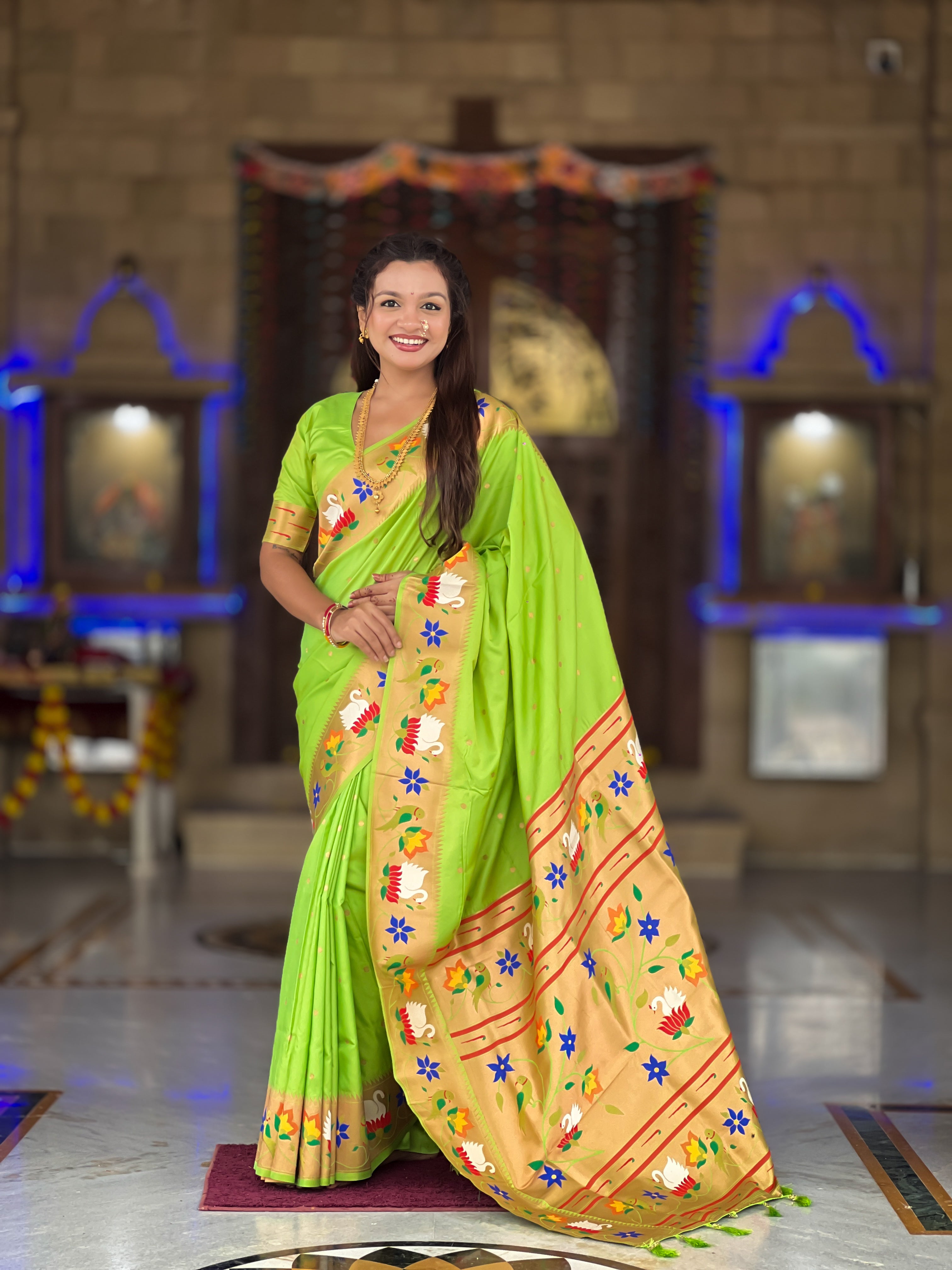 Mameraa Sarees Parrot Green Faux Banarasi Silk Saree With Paithani Rich Weaved Pallu And Blouse-Parrot_Green - Dista