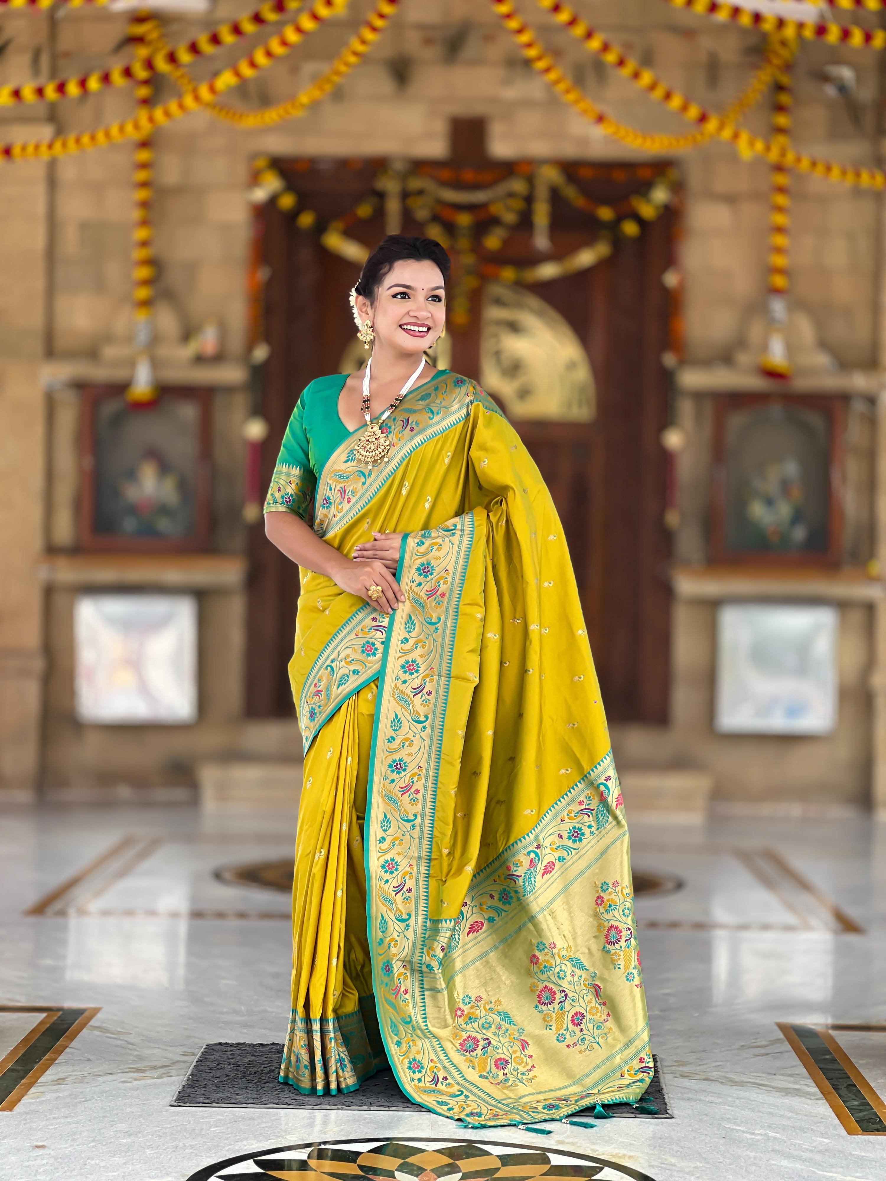 Mameraa Sarees Parrot Green Faux Banarasi Silk Saree With Paithani Rich Weaved Pallu And Blouse-Parrot_Green - Dista