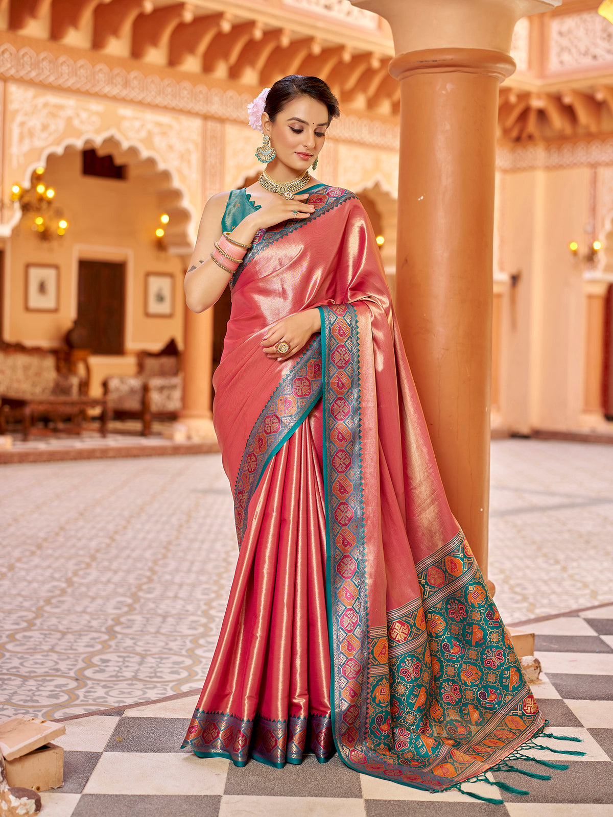 Elora Pink Zari Tissue Solid Banarasi Silk Woven Jacquard Work Designer Saree