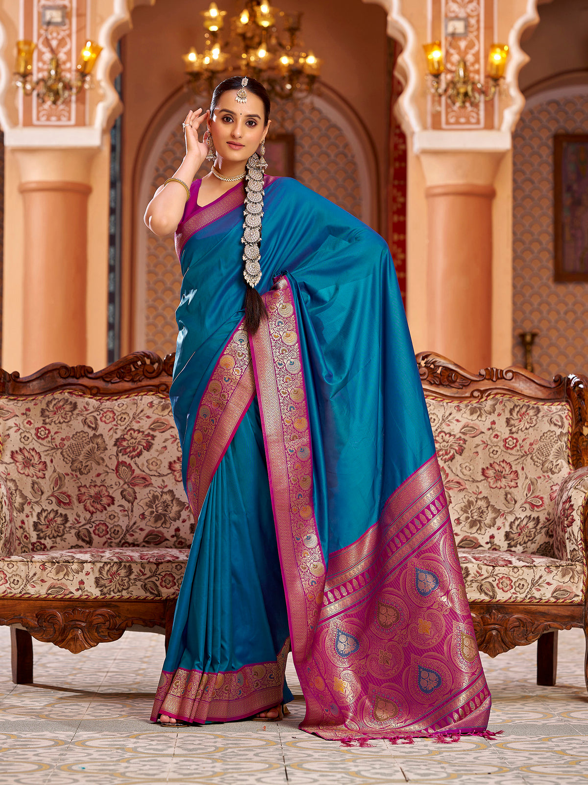 Elora Blue Soft Silk Solid Banarasi Silk Zari Jacquard Work Designer Saree