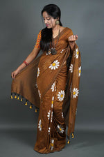 Thumbnail for Exclusive Collection Brown Pure Cotton Saree With Sunflower Design