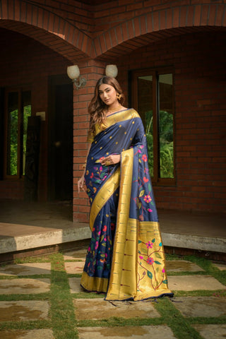 Jyoti Fashion Women's Navy Blue Paithani Silk Zari Woven Saree with Blouse - Distacart