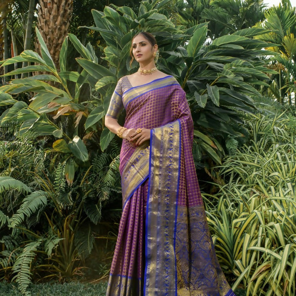 Jyoti Fashion Women's Purple Kanjivaram Silk Zari Woven Saree with Blouse - Distacart