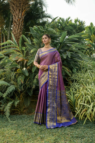 Jyoti Fashion Women's Purple Kanjivaram Silk Zari Woven Saree with Blouse - Distacart