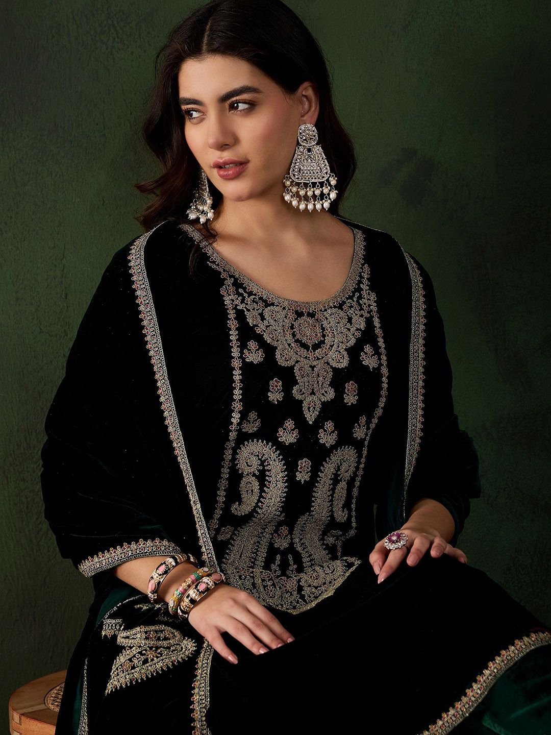 Sangria Floral Embroidered Straight Kurta & Trousers With Dupatta - Distacart