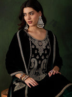 Thumbnail for Sangria Floral Embroidered Straight Kurta & Trousers With Dupatta - Distacart